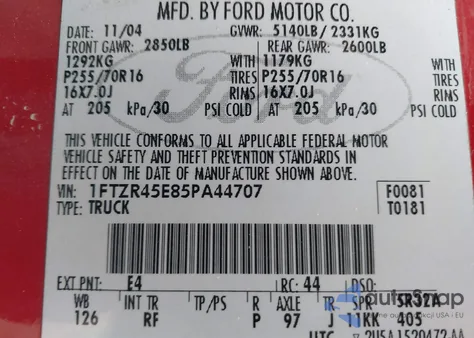 2005 Ford Ranger Edge/Fx4 Level Ii/Fx4 Off-Road/Xlt z USA, uszkodzony, nr VIN 1FTZR45E85PA44707